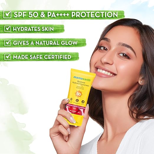 Mamaearth Beetroot Hydraful Sunscreen With Hyaluronic Acid - 50 g |SPF 50 & PA++++ | UVA & B Protection | Hydrates Skin | For Oily, Combination & Dry Skin | No white cast