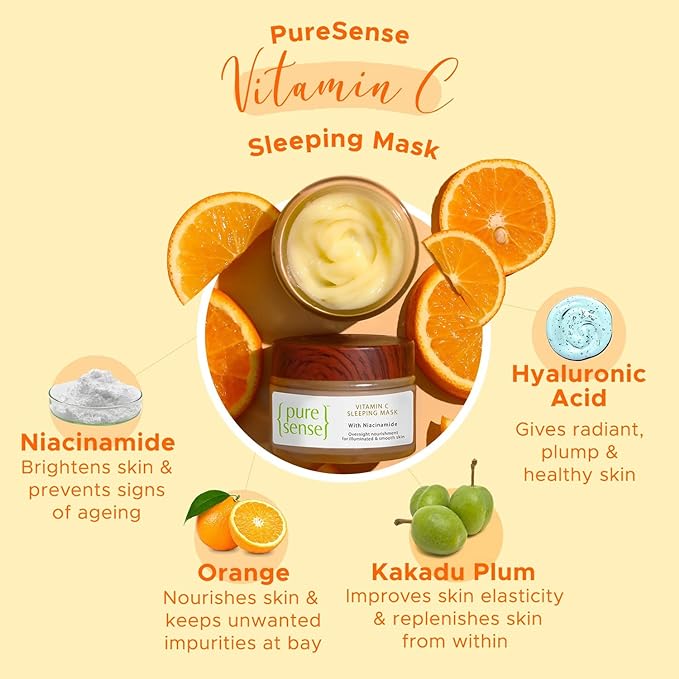 PureSense Vitamin C Sleeping Mask with Niacinamide & Hyaluronic Acid | Face Moisturizer & Night Cream for Women 50g