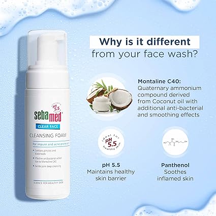 Sebamed Clear Face Cleansing Foam for Acne prone Skin 150 ml I pH 5.5 I Gentle, Effective hydrating cleanser for pimples | Face wash |men & womenl Oil Free l Clinically proven l Toxin free