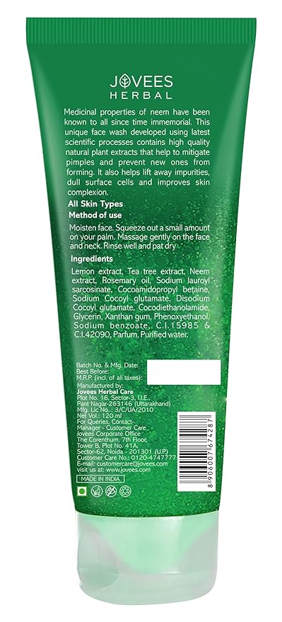 Jovees Herbal Neem Face Wash With Neem| For Oily & Acne Prone Skin | Oil Control, Remove Impurities And Prevents Pimples For Men & Women | 120 ML