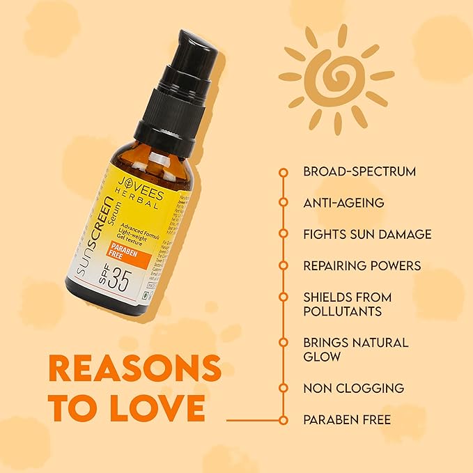 Jovees Herbal Sunscreen Face Serum SPF 35 with Aloe Vera, Carrot and Sunflower Extract, Advanced Light Weight Gel Based Formula For Sun Protection 30ml - For Oily & Acne Prone Skin