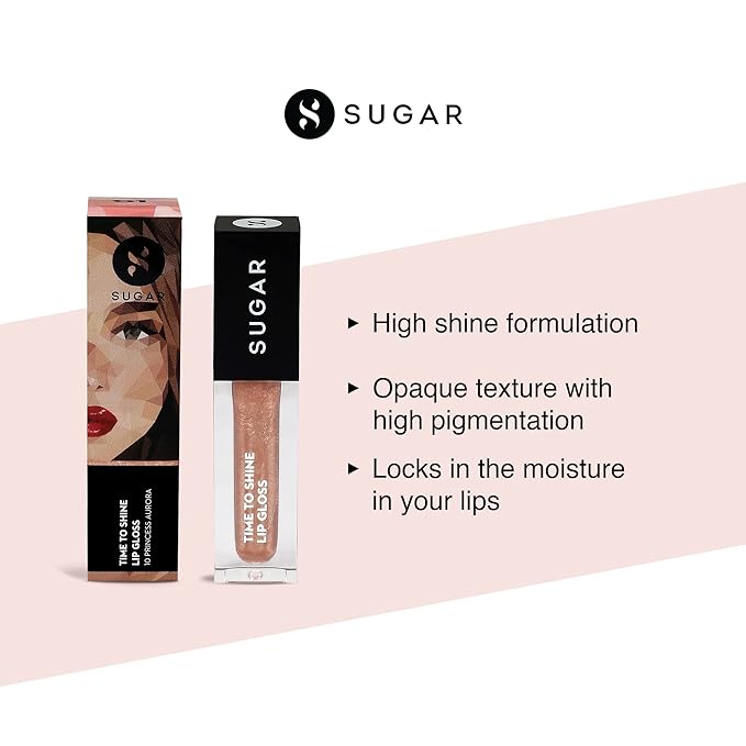 SUGAR Cosmetics - Time To Shine - Lip Gloss - 10 Princess Aurora (Golden beige with Shimmer) - 4.5 gms - High Shine Lip Gloss with Jojoba Oil