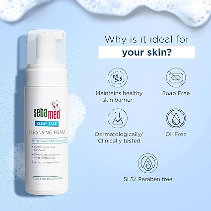 Sebamed Clear Face Cleansing Foam for Acne prone Skin 150 ml I pH 5.5 I Gentle, Effective hydrating cleanser for pimples | Face wash |men & womenl Oil Free l Clinically proven l Toxin free