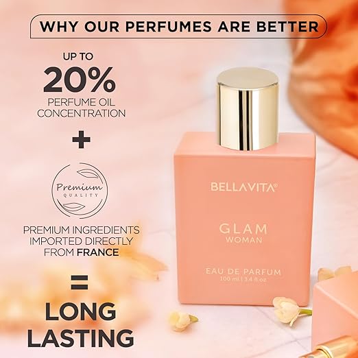 Bella Vita Luxury GLAM Woman Eau De Parfum with African Orange, Jasmine & Patchouli|Premium, Long Lasting Floral & Woody Fragrance EDP for Women, 100ML