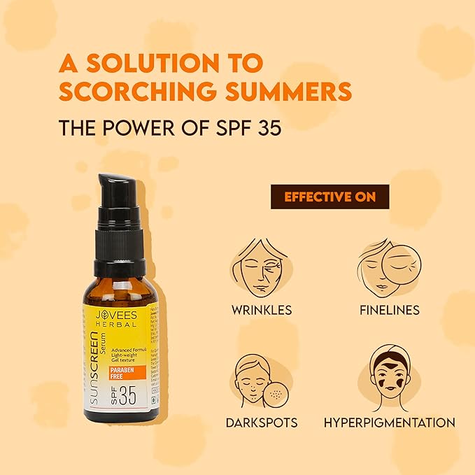 Jovees Herbal Sunscreen Face Serum SPF 35 with Aloe Vera, Carrot and Sunflower Extract, Advanced Light Weight Gel Based Formula For Sun Protection 30ml - For Oily & Acne Prone Skin