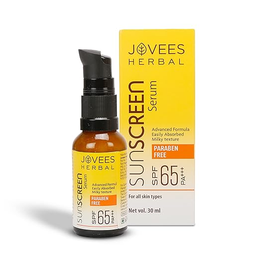 Jovees Herbal Sunscreen Face Serum SPF 65 with Green tea, Carrot and Sunflower extract, Broad spectrum Sun protection, Light weight & Water Resistant- For Oily & Acne Prone Skin - 30ml