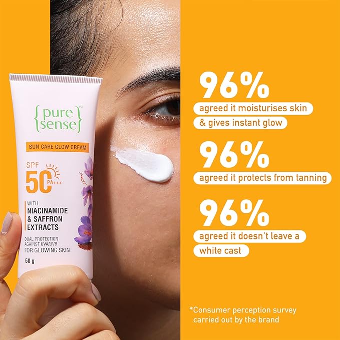 PureSense Sunscreen SPF 50 PA +++ Sun Care Glow Cream with Saffron Extracts & Niacinamide | Dual Protection against UV A & UV B - From the Makers of Parachute Advansed 50g