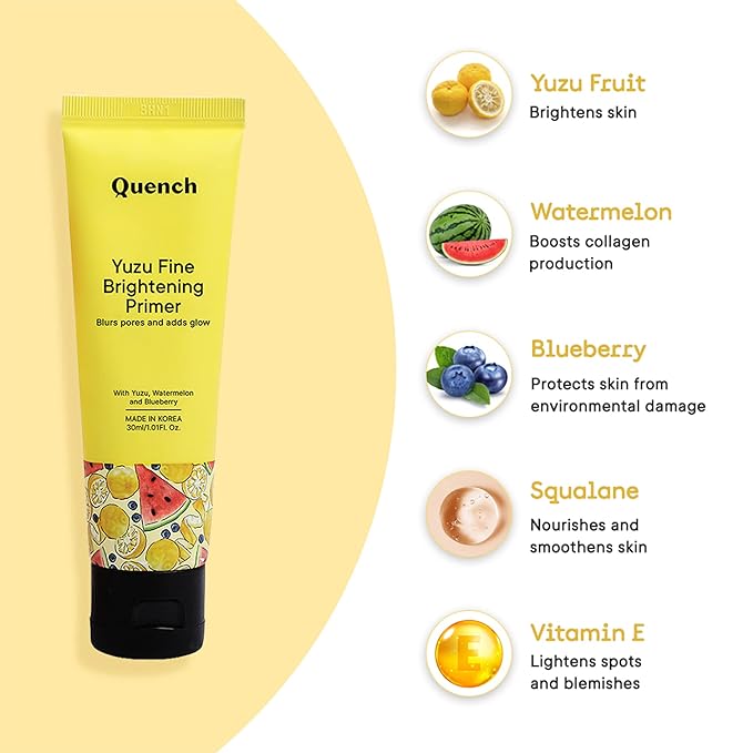 Quench Botanics Yuzu Fine Brightening Primer | Korean Skin care, Hydrate, Smoothen and Brighten, 30ml