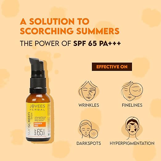 Jovees Herbal Sunscreen Face Serum SPF 65 with Green tea, Carrot and Sunflower extract, Broad spectrum Sun protection, Light weight & Water Resistant- For Oily & Acne Prone Skin - 30ml