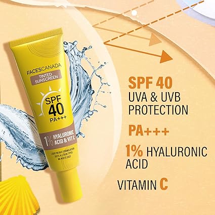 FACES CANADA Tinted Sunscreen, 30g | SPF 40 PA+++ | Protects From UVA, UVB & Blue-Light Rays | 1% Hyaluronic Acid & Vitamin C | Lightweight | No White Cast | No Alcohol | No Parabens