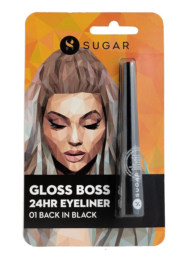 SUGAR Cosmetics Gloss Boss 24HR Eyeliner with Brush | Smudeproof & Waterproof - 01 Back In Black (Black Eyeliner) | 3ml