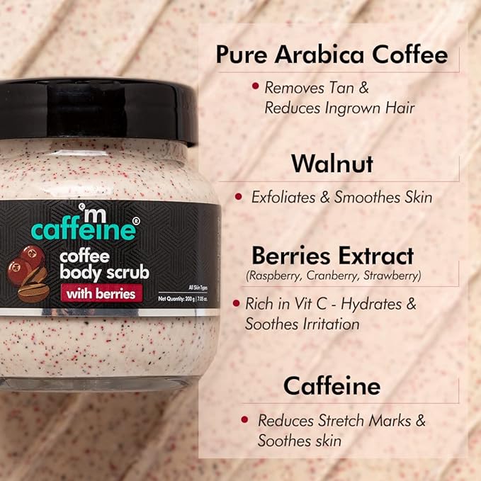 mCaffeine Berries & Coffee Body Scrub for Tan Removal | Creamy Body Scrub for Dry Skin | Exfoliating Scrub for Body for Women & Men - 200gm