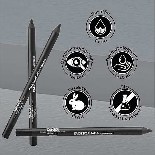 FACES CANADA Ultime Pro Longwear Eye Pencil - Solid Black 02, 1.2 g | 8 Hr Long Stay | Smooth One Stroke Application | Intense Color Pay Off | Soft Blendable Formula | Smudge Proof | Water Proof