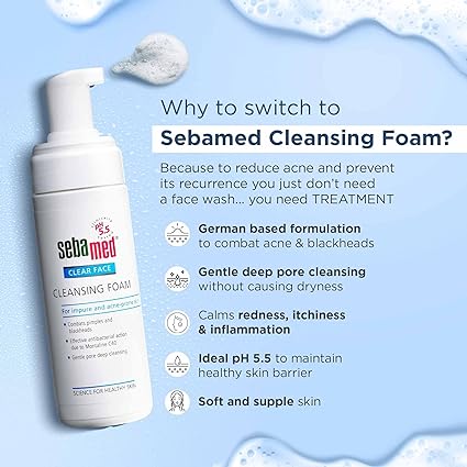 Sebamed Clear Face Cleansing Foam for Acne prone Skin 150 ml I pH 5.5 I Gentle, Effective hydrating cleanser for pimples | Face wash |men & womenl Oil Free l Clinically proven l Toxin free