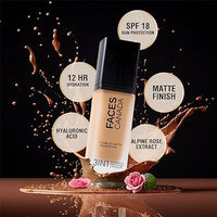 FACES CANADA Flawless Matte Foundation - Rose Ivory 011, 30 ml | 3-in-1 Foundation + Moisturizer + Concealer | 12 HR Hydration + SPF 18 | Full HD Matte Coverage | Lightweight | Anti Ageing