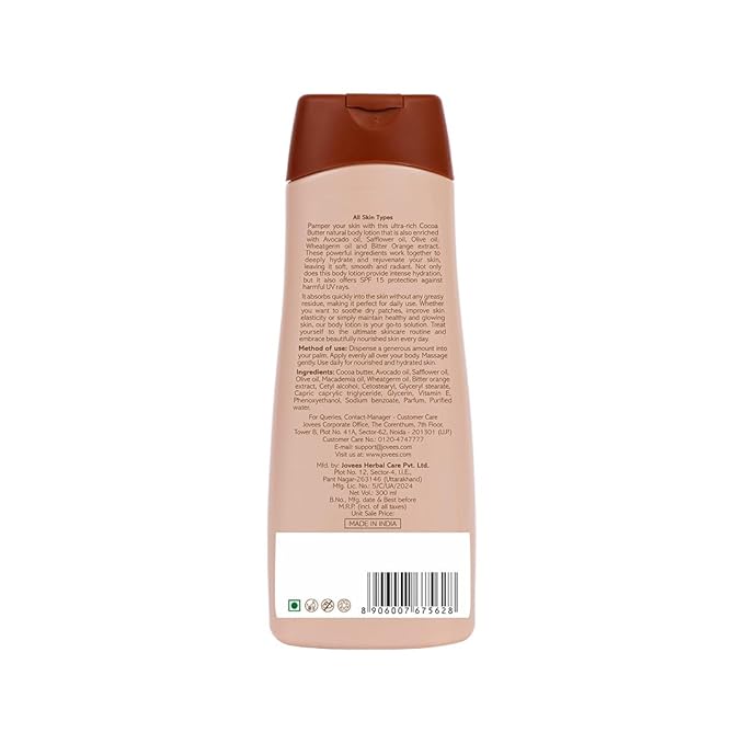 Jovees Cocoa Butter Body Lotion Provides Deep Moisturisation | Non Sticky Body Moisturizer With Cocia Butter | Winter Body Lotion For Smooth and Healthy Looking Skin | For Very Dry Skin 300ml