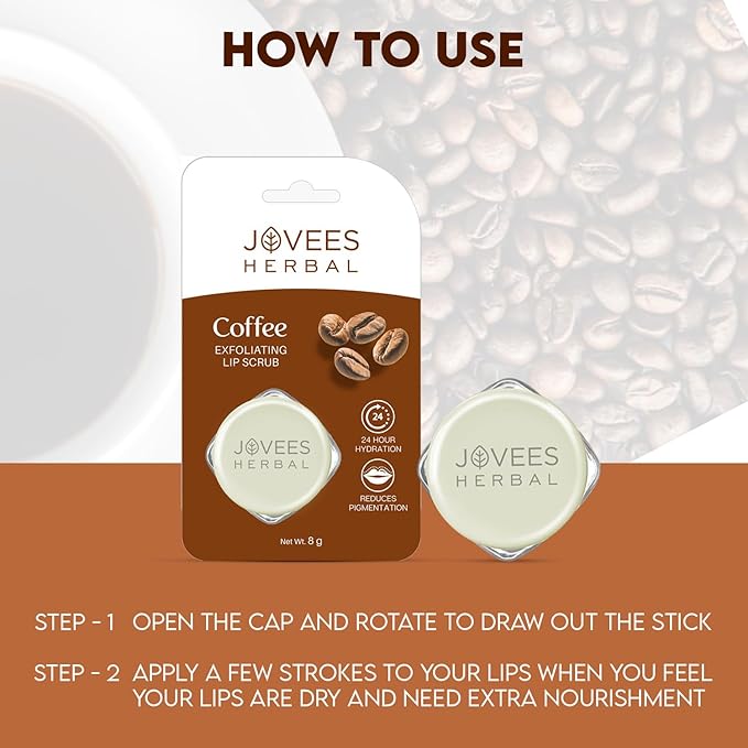 Jovees Herbal Coffee Exfoliating Lip Scrub For Brightening Dark Lips for Dry Lips/Smoker/Chapped Lip & Lipstick Stains Removal Lip care, Soft and Supple Lips | For Men and Women- 8g