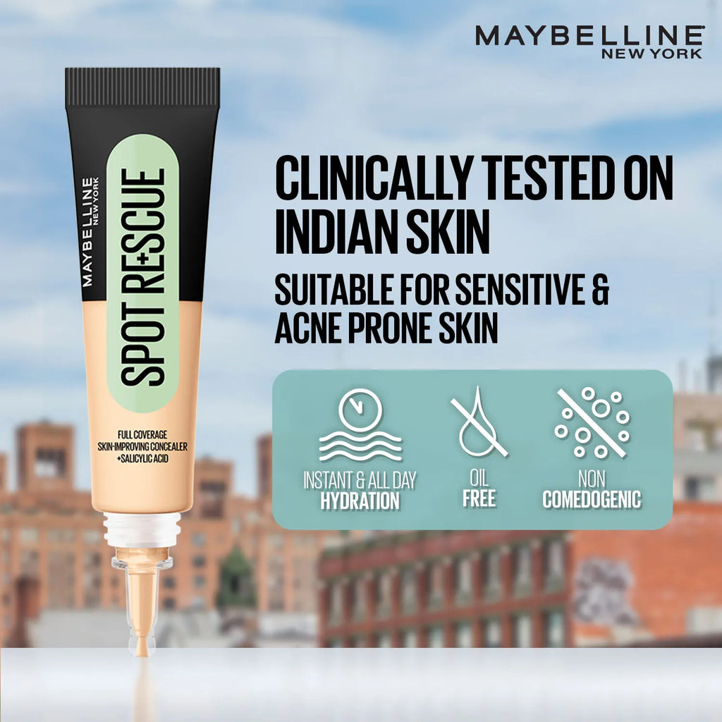 Maybelline New York Fit Me Spot Rescue Full Coverage Concealer, 24H Wear, Fades Spots, Minimizes Pimples, Clinically Tested, Non Comedogenic 15g