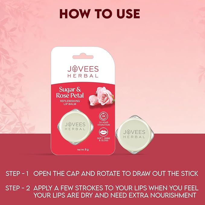 Jovees Herbal Sugar & Rose Petal Replenishing Lip Balm For Soft, Shiny and Glossy Lips | Lip Balm For Dark, Pigmented, Dry, Flaky Lips | 24 Hour Hydration | Rejuvenates Dry and Chapped Lips- 8g