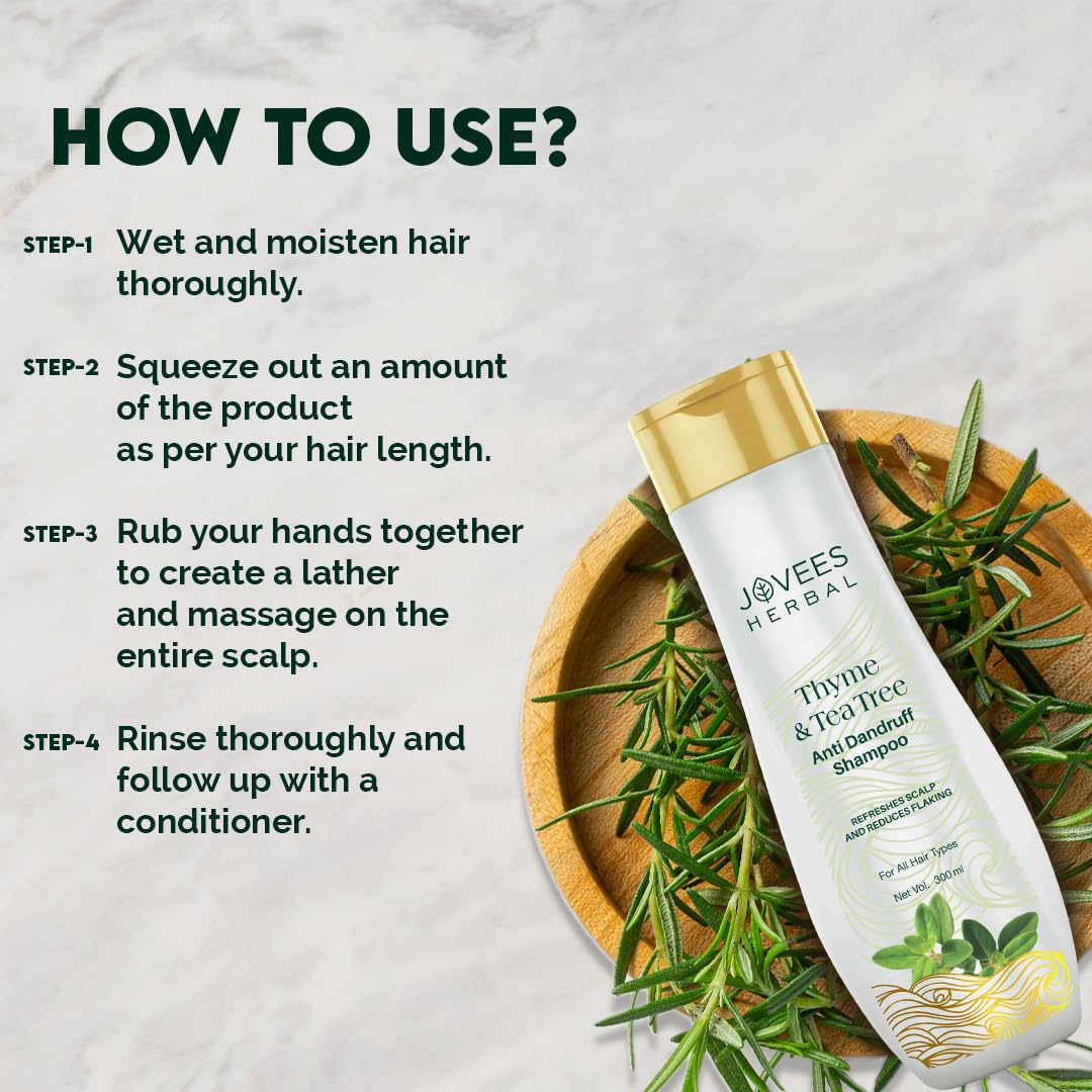 Jovees Herbal Thyme & Tea Tree Anti Dandruff Shampoo | With Tea Tree, Thyme & Lemon Extract | For All Hair Type | Prevents Dandruff & Dry Scalp 300ml