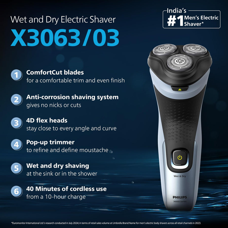Philips Electric Shaver for Men, SkinProtect Technology, Wet and Dry Shave, 3D Floating Heads, 27 Self Sharpening Blades, Pop-up Trimmer, Cordless, Waterproof X3063/03 (New Model)