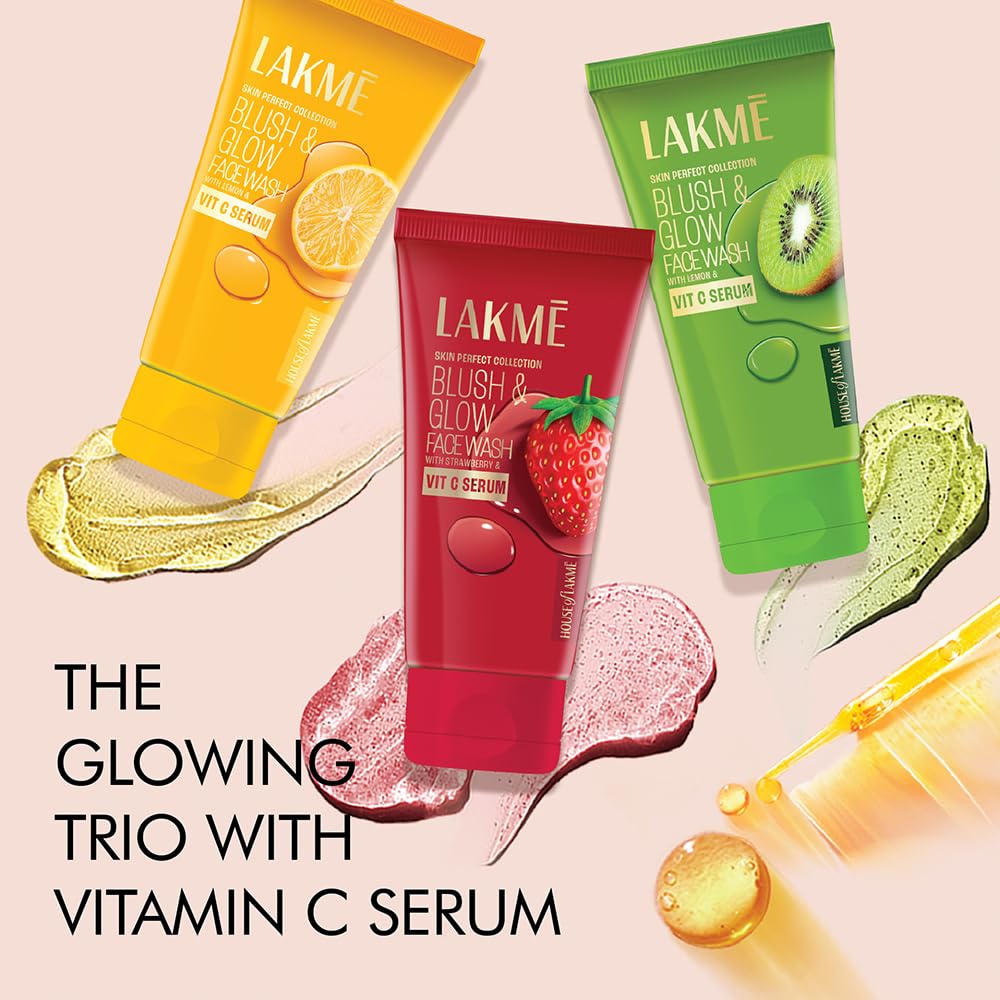 LAKMÉ Blush & Glow Exfoliating Face Wash with Vitamin C Serum, Hydrating and Gentle Facewash with Strawberry Fruit Extracts 100g