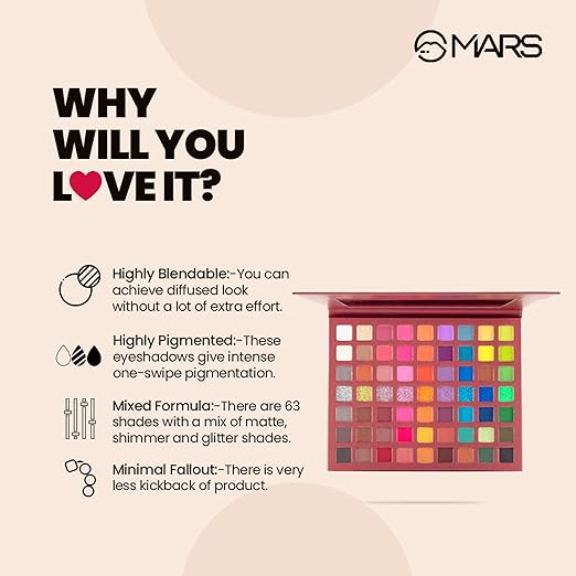 MARS Eyes Can Kill Eyeshadow Palette with 63 Bright Colors | Highly Pigmented, Blendable and Buildable with Minimal Fallout (63gm)