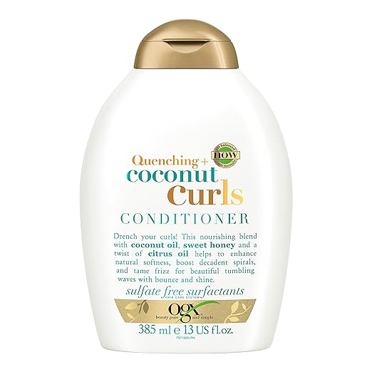 OGX Quenching + Coconut Curls Curl-Defining Conditioner, Nourishing Curly Hair Conditioner with Coconut Oil, Citrus Oil & Honey, Paraben-Free with Sulfate-Free Surfactants - 385ml