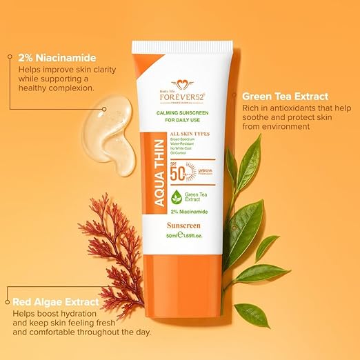 Forever52 Aqua Thin Calming Sunscreen for daily use SPF 50 PA++++ | 2% Niacinamide & Green Tea Extract | UVA/UVB Protection FAQ001 50ML