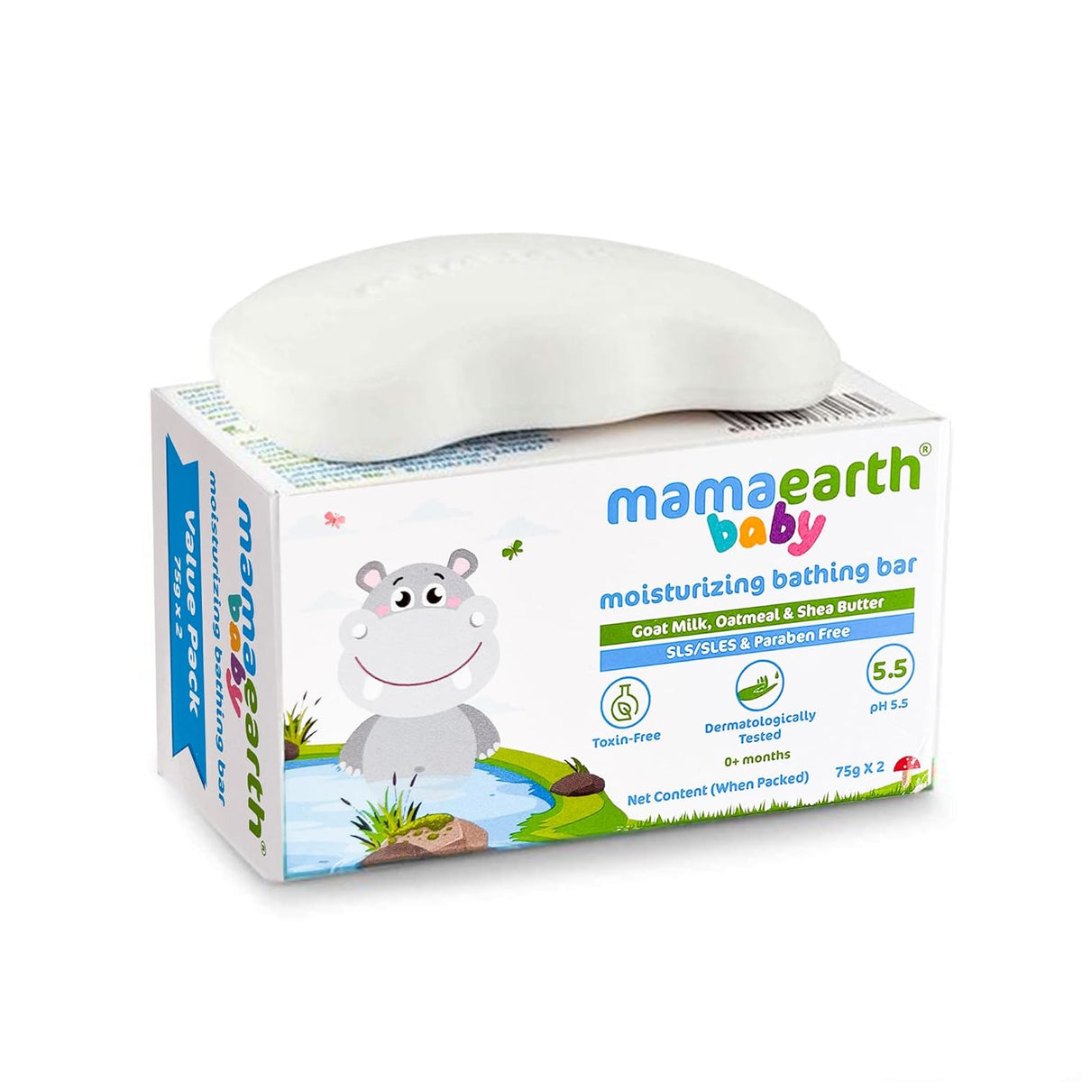 Mamaearth Moisturizing Bathing Bar For Babies - 75 g x 2 | Infused with Goat Milk, Oatmeal and Shea Butter | Gently Cleanses, Retains Moisture, Balanced at 5.5 pH