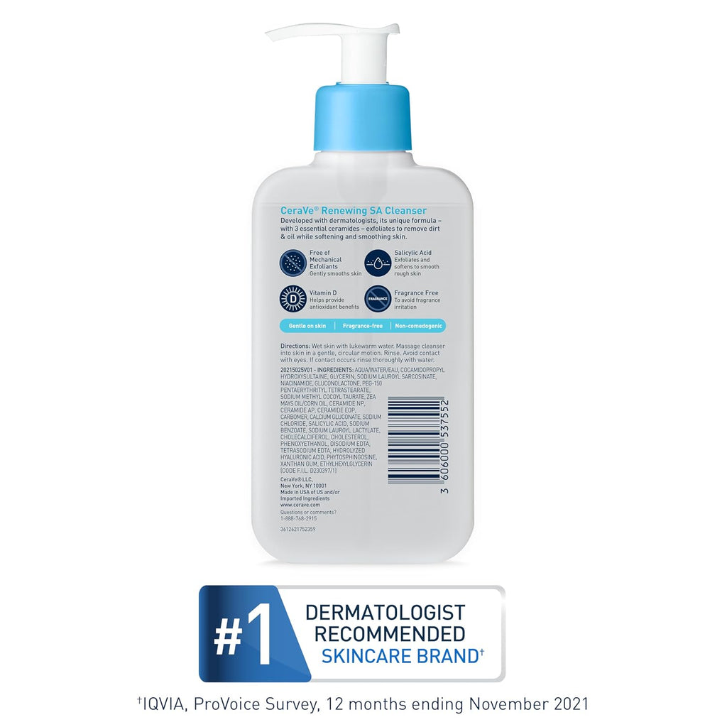 CeraVe SA Smoothing Cleanser For Dry, Rough & Bumpy Skin, contains Salicylic Acid, Ceramides & Hyaluronic acid|Dermatologist Recommended Face wash 236ml (Made In France)