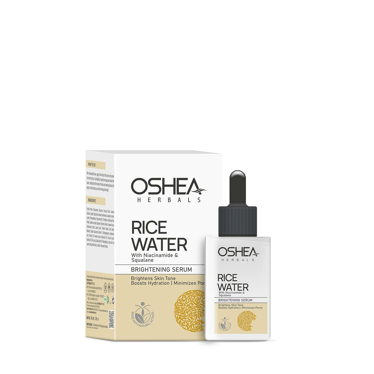 Oshea Herbals Rice Water Brightening Face Serum for Men & Women | Hydrates Skin with Even Tone & Minimizes Pores | Enriched with Niacinamide & Vitamin E for Glowing Skin - 30ml