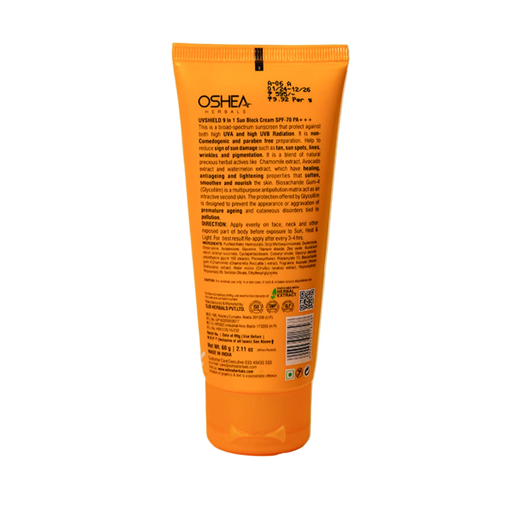 Oshea Herbals Uv Shield 9 In 1 Sun Block Cream SPF-70 PA+++ All Skin Type 60g