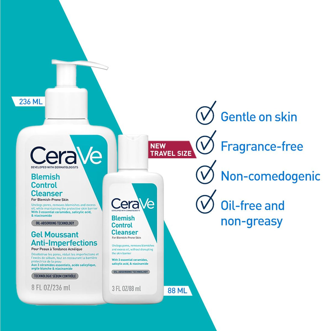 CeraVe Blemish Control Cleanser with 2% Salicylic Acid & Niacinamide for Acne Prone Skin, Controls Acne & Spots, Unclog Pores & Reduces Blemishes 88ml