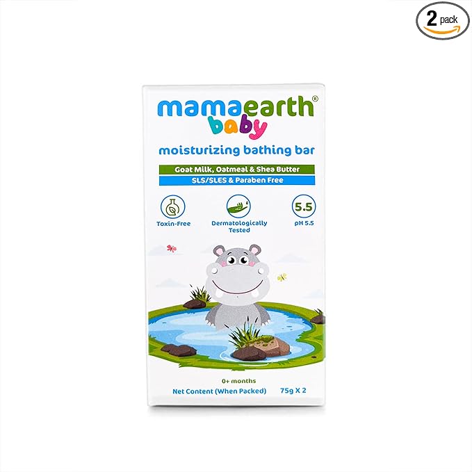 Mamaearth Moisturizing Bathing Bar For Babies - 75 g x 2 | Infused with Goat Milk, Oatmeal and Shea Butter | Gently Cleanses, Retains Moisture, Balanced at 5.5 pH