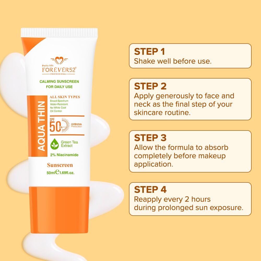 Forever52 Aqua Thin Calming Sunscreen for daily use SPF 50 PA++++ | 2% Niacinamide & Green Tea Extract | UVA/UVB Protection FAQ001 50ML