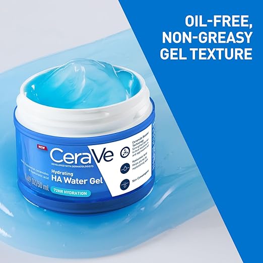 CeraVe HA Water Gel with Hyaluronic Acid, Ceramides & Niacinamide for Plumpy hydration Oil-free gel moisturizer 3 sec fast absorption Dermat recommended for Women & Men 50 mL l