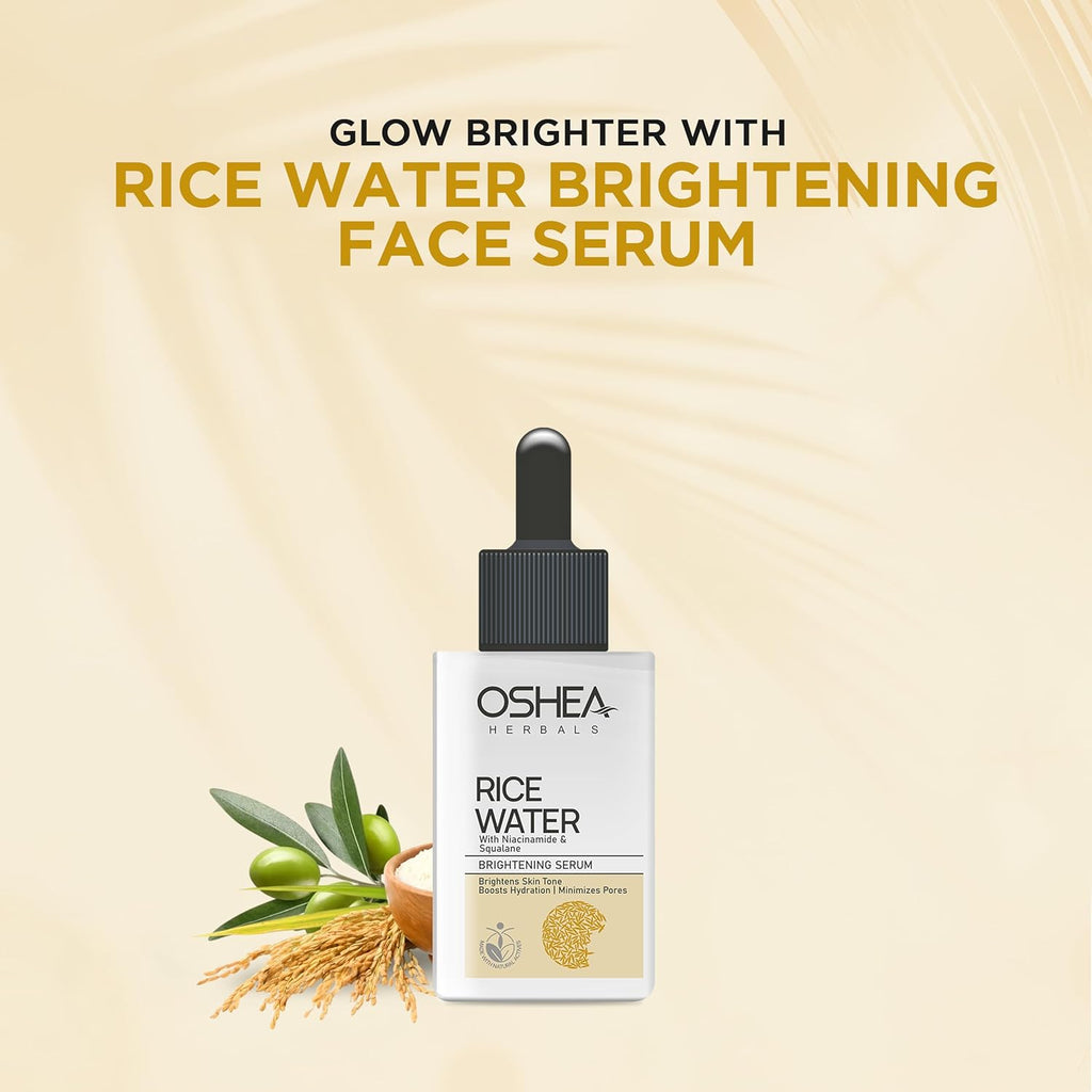 Oshea Herbals Rice Water Brightening Face Serum for Men & Women | Hydrates Skin with Even Tone & Minimizes Pores | Enriched with Niacinamide & Vitamin E for Glowing Skin - 30ml
