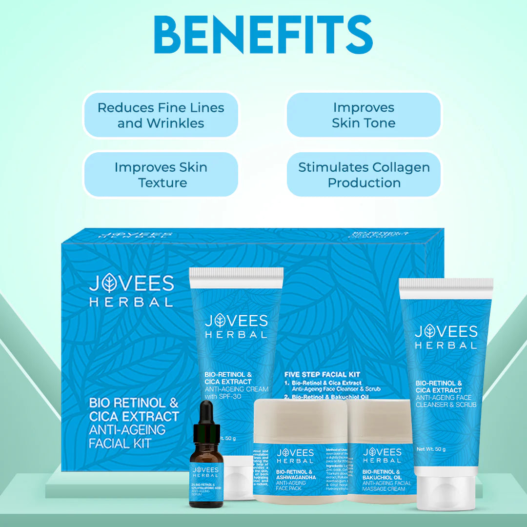 Jovees Bio Retinol & Cica Extract Anti Ageing Facial Kit For Signs of Ageing, Wrinkles, Fine Lines & Dark Spots