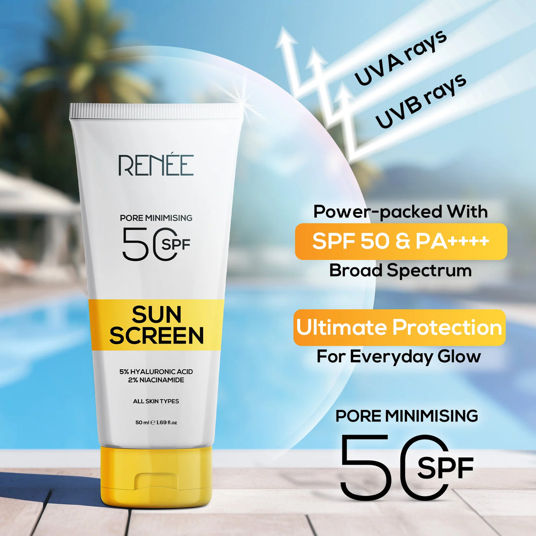 RENEE Pore Minimising Sunscreen SPF 50 with 5% Hyaluronic acid and 2% Niacinamide 50ml