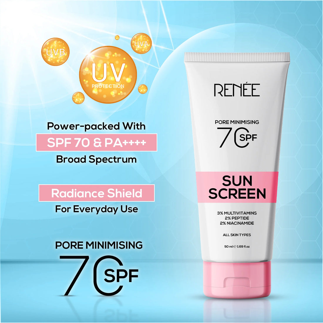 RENEE Pore Minimising Sunscreen SPF 70 with 3% multivitamins, 2% Peptides and 2% Niacinamide 50ml