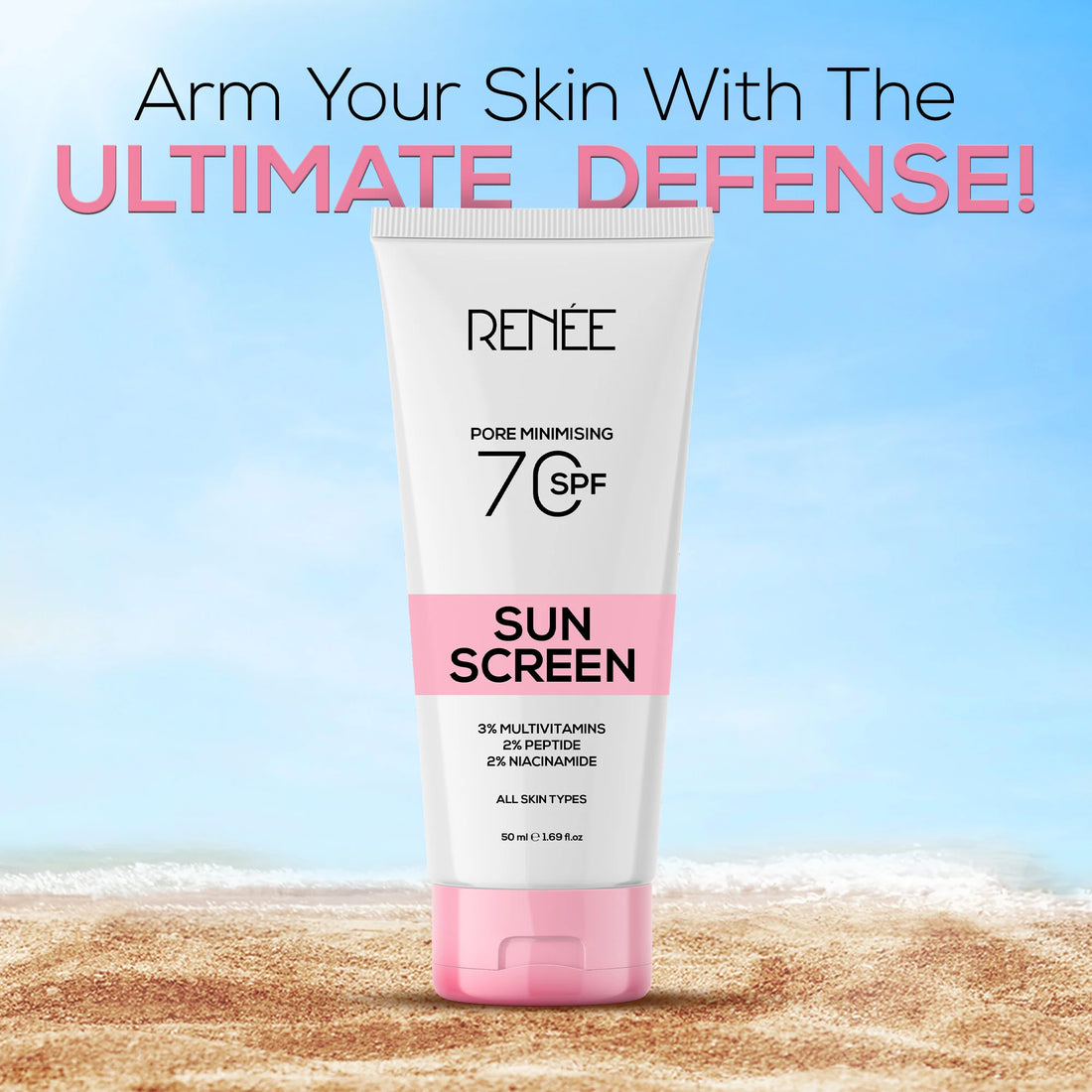 RENEE Pore Minimising Sunscreen SPF 70 with 3% multivitamins, 2% Peptides and 2% Niacinamide 50ml