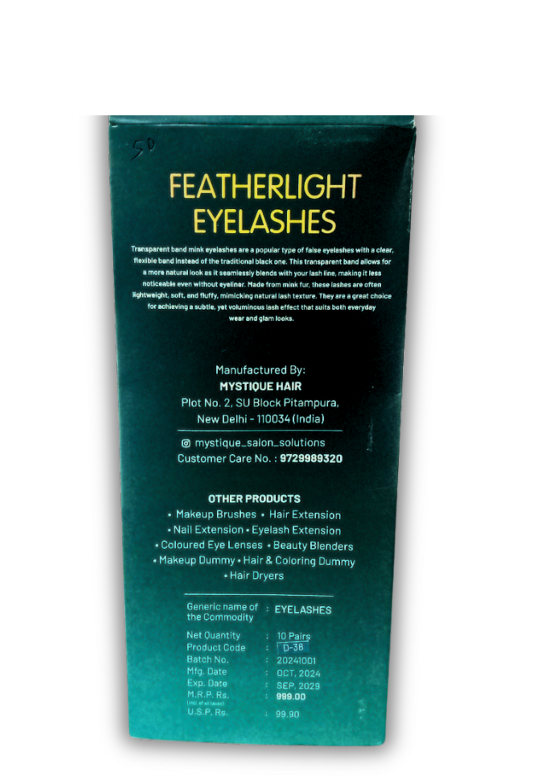 MYSTIQUE HAIR FEATHERLIGHT EYE LASHES TRANSPARENT BAND MINK EYELASHES 10 PAIRS