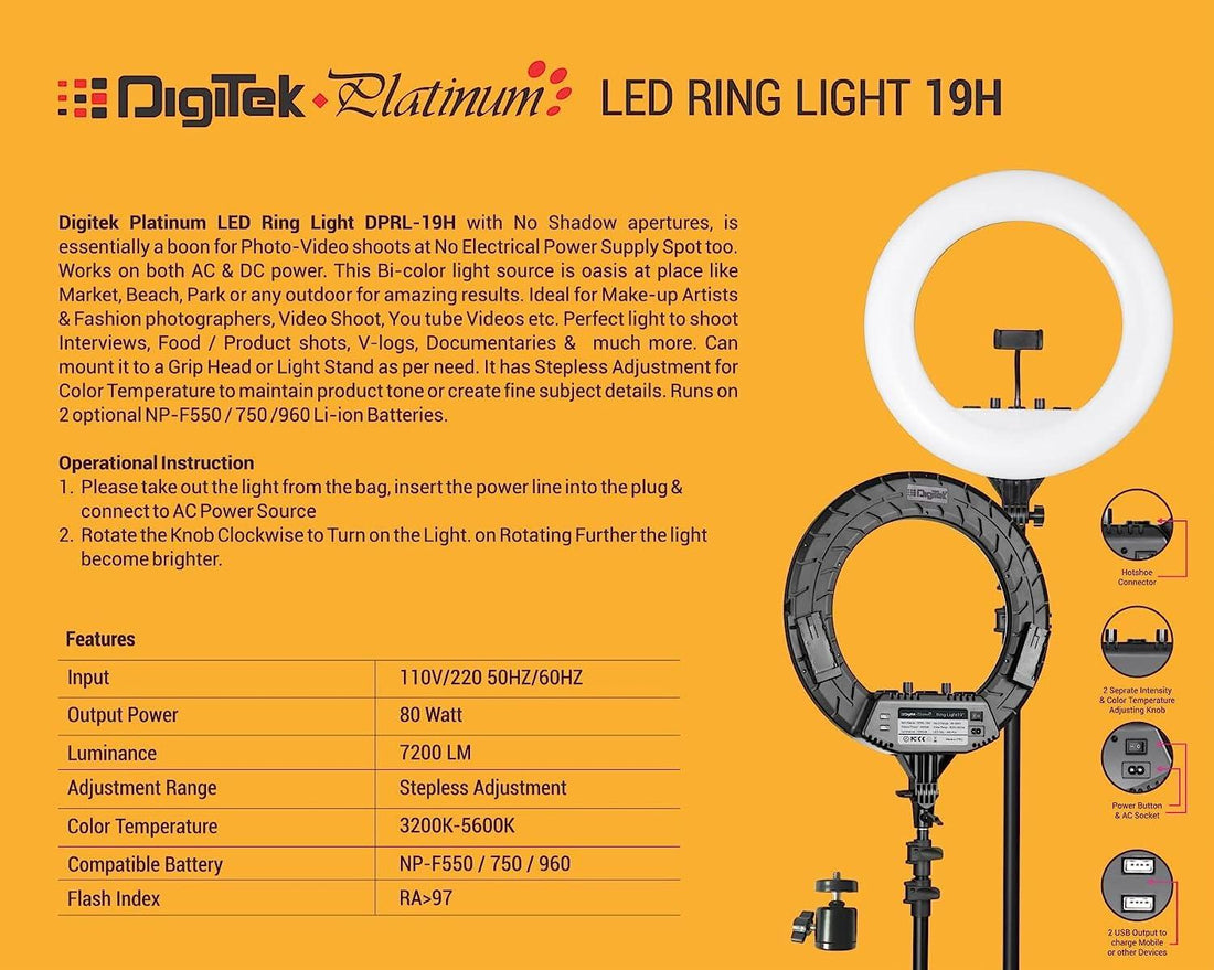 Digitek Platinum (DPRL-19H) Professional LED Ring Light Runs on AC/DC Power with No Shadow apertures, Ideal use for Makeup, Video Shoot, Fashion Photography & Many More