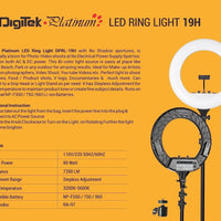 Digitek Platinum (DPRL-19H) Professional LED Ring Light Runs on AC/DC Power with No Shadow apertures, Ideal use for Makeup, Video Shoot, Fashion Photography & Many More