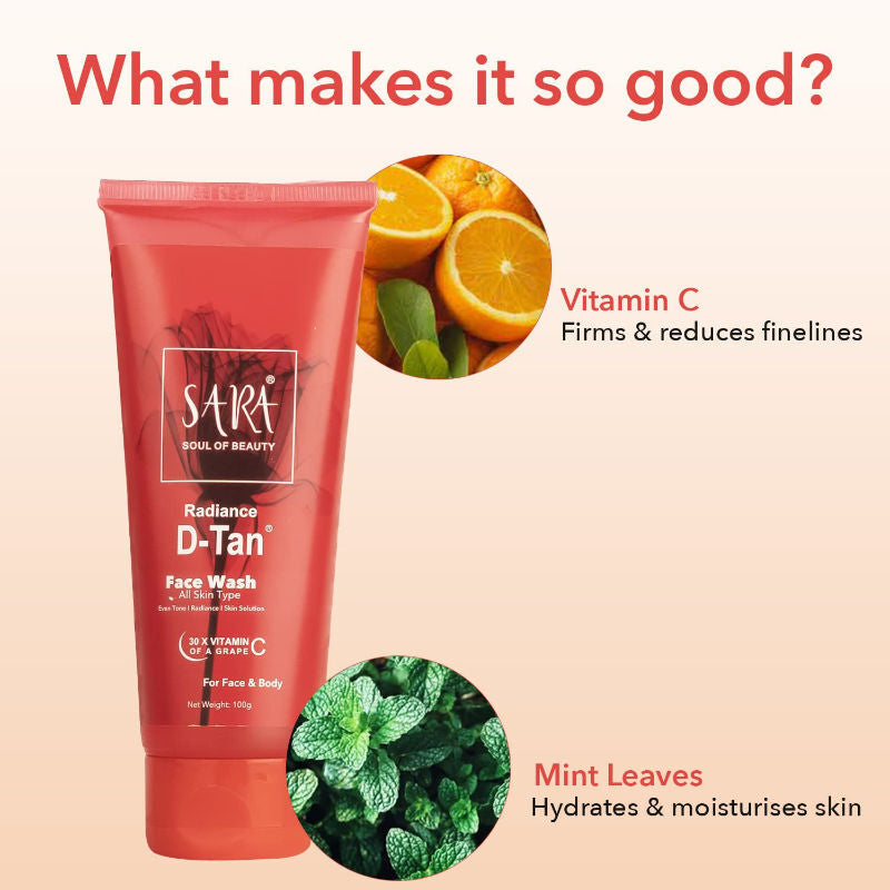 Sara Radiance D-Tan Face Wash Clear Bright Glowing Skin, All Skin Type for Women and Men (100g)