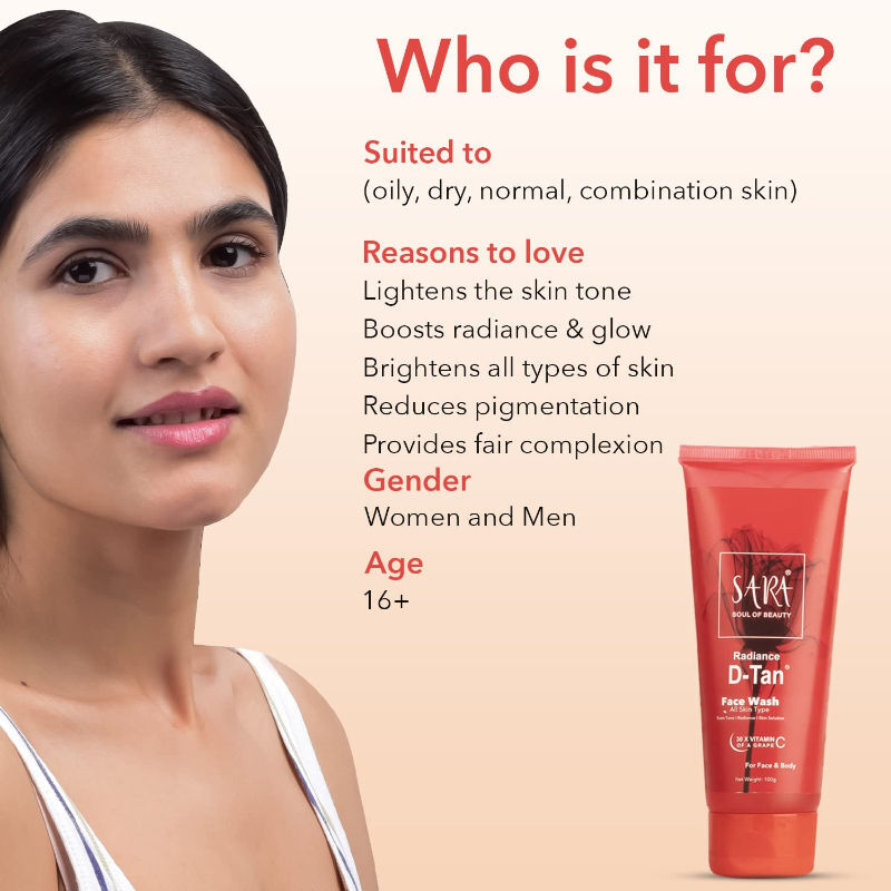 Sara Radiance D-Tan Face Wash Clear Bright Glowing Skin, All Skin Type for Women and Men (100g)
