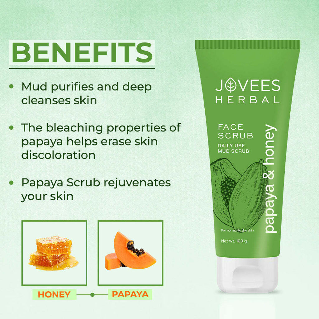 JOVEES HERBAL Papaya & Honey Face Scrub | With Honey & Neem | Normal to Dry Skin 100g