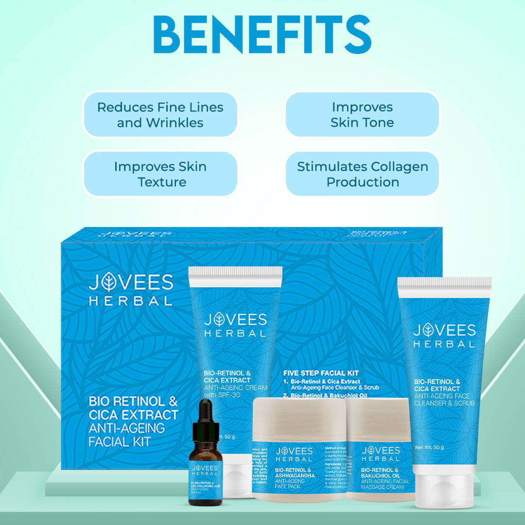 Jovees Herbal Bio Retinol & Cica Extract Anti Ageing Facial Kit For Signs of Ageing, Wrinkles, Fine Lines & Dark Spots