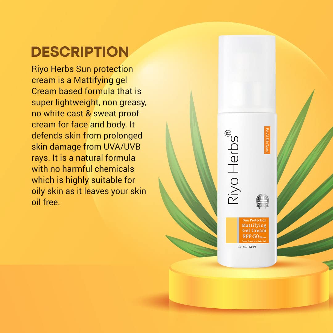 Riyo Herbs Sun Protection Cream Mattifying Gel Cream Based Formula With UVA/UVB Rays, Non-Greasy &amp; Sweat Proof Cream for Face &amp; Body, No Harmful...